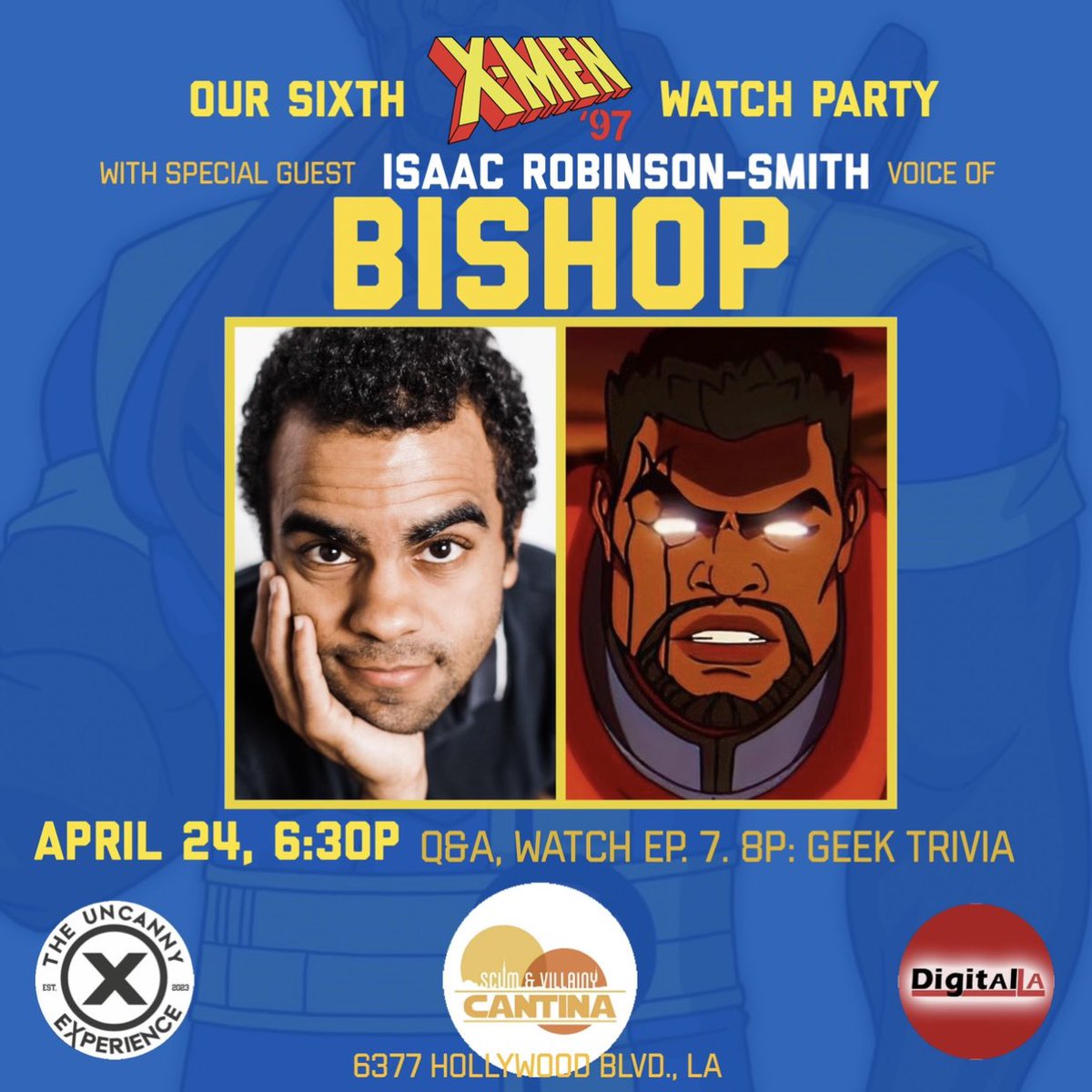 ❌ Join our watch party for the NEW X-Men ‘97 ep “Bright Eyes” with special guest @irsvoices the voice of Bishop this Wednesday at 6:30pm at Scum & Villainy Cantina! With a Q&A 🙋‍♂️Screening 📺 & group photo op 📸 Presented by: @theuncannyexp & @digitalla See you there, mutants! 🎆