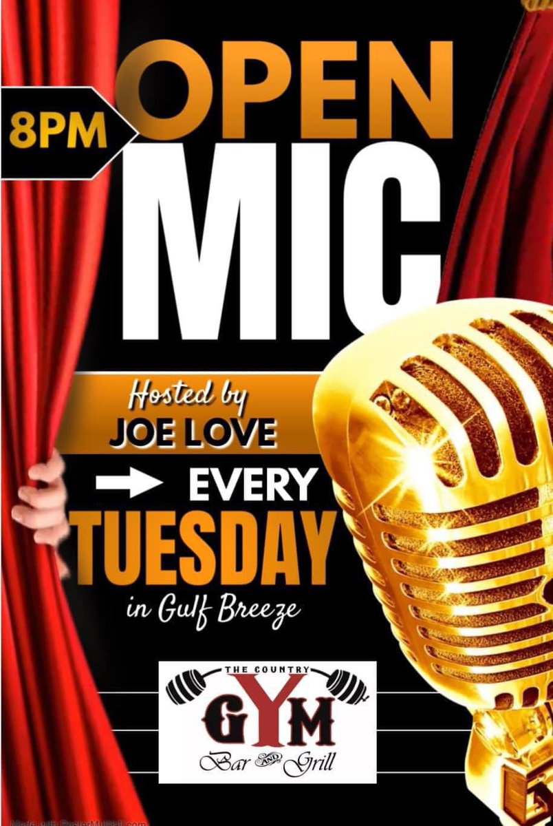 Come on out to The Country Gym in Gulf Breeze for Open Mic 🎤 Night tonight at 8 pm hosted by Joe Love

#thecountrygym  #thegym #gulfbreeze #gulfbreezefl #gulfbreezeflorida #gulfcoast #LocalBusiness #localeats #thingstodo  #MeetMeAtTheGym  #Bar #Grill  #TacoTuesday  #Tacos