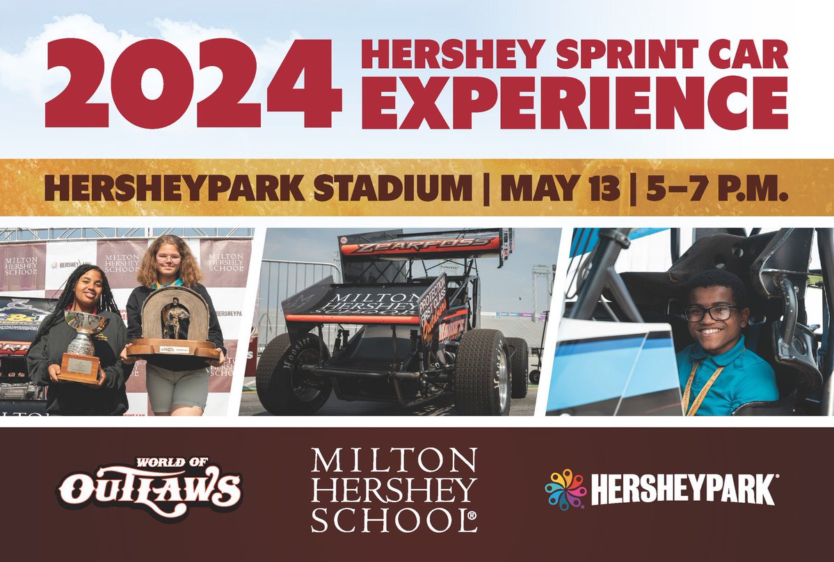 We’re less than 3 weeks from the @MiltonHershey Sprint Car Experience! Join us at @Hersheypark Stadium on Monday, May 13 to celebrate Pennsylvania’s Racing history, meet World of Outlaws & PA Posse drivers, and more. It’s 𝗙𝗥𝗘𝗘 to attend! 𝐈𝐍𝐅𝐎 👉bit.ly/3WceZrO