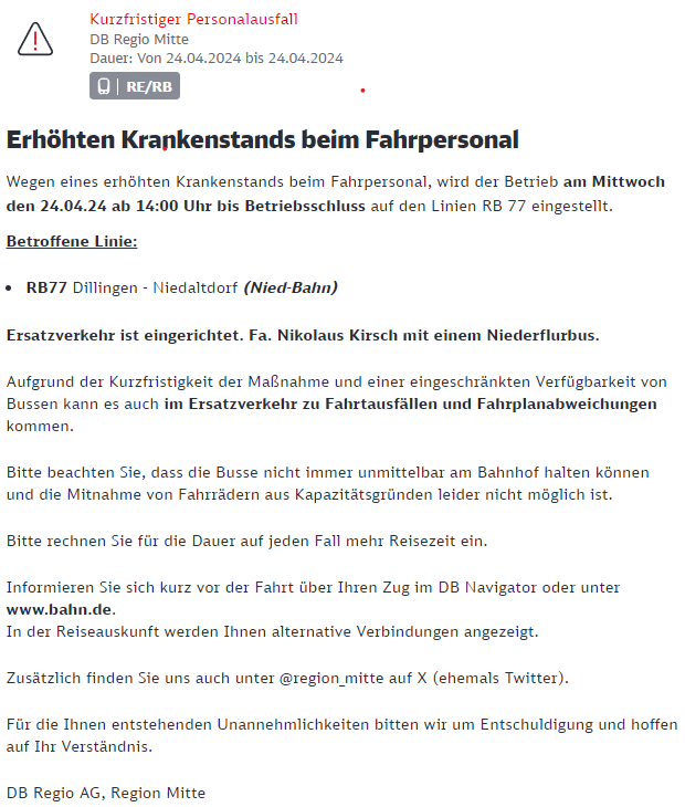 Regio_Mitte's tweet photo. #RB77 Wegen eines erhöhten Krankenstands beim Fahrpersonal, wird der Betrieb am Mittwoch den 24.04.24 ab 14:00 Uhr bis Betriebsschluss auf den Linien RB 77 #Dillingen_Saar - #Niedaltdorf eingestellt.
#Ersatzverkehr ist eingerichtet. https://t.co/ayClVLAcvd