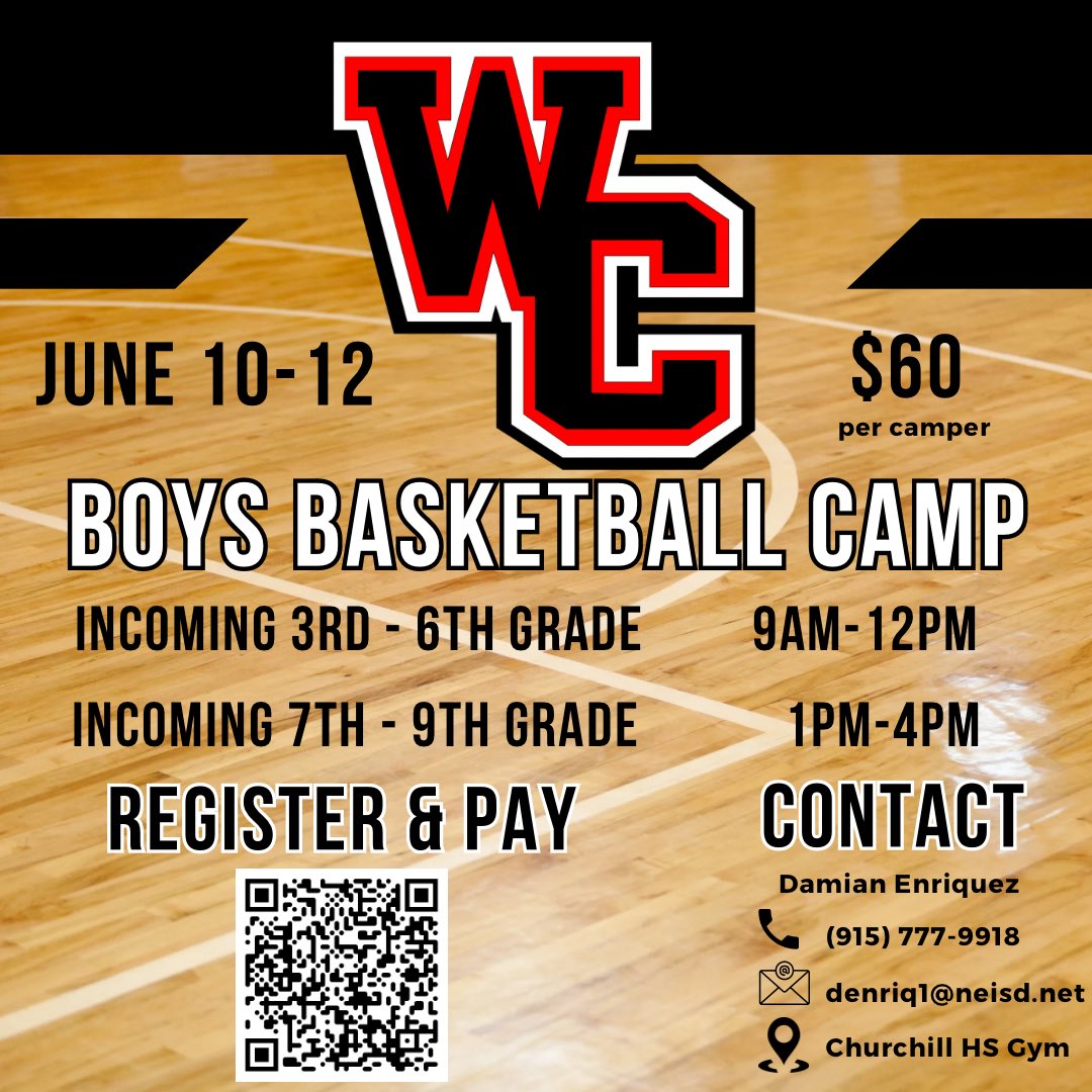 Churchill Boys Basketball Camp is now open for registration! 
We will have daily awards, prizes and lots of giveaways!
Last year’s camp sold out so register today! You DO NOT want to miss out!
Registration link: bit.ly/3xL5xUS