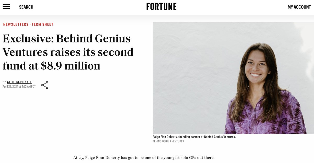 paige finn doherty (@paigefinnn) on Twitter photo excited to announce behind genius’s next chapter - an $8.9m fund II focused on investing in the best founder storytellers.
thank you to <a href="/agarfinks/">Allie Garfinkle</a> for sharing my story in Fortune, and to our LPs including <a href="/CendanaCapital/">Cendana Capital</a>, Mixi, GREE, <a href="/arashf/">arash ferdowsi</a>, and <a href="/PankajKedia/">Pankaj Kedia</a> for their support. excited to announce behind genius’s next chapter - an $8.9m fund II focused on investing in the best founder storytellers.
thank you to <a href="/agarfinks/">Allie Garfinkle</a> for sharing my story in Fortune, and to our LPs including <a href="/CendanaCapital/">Cendana Capital</a>, Mixi, GREE, <a href="/arashf/">arash ferdowsi</a>, and <a href="/PankajKedia/">Pankaj Kedia</a> for their support.