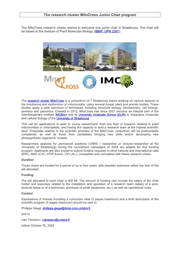 Full-time Tenure track “Junior Chair” position in any field of research relating to plant mitochondria or chloroplasts <a href="/cnrs_ibmp/">CNRS_IBMP</a> (mitocross.unistra.fr)
No citizenship restrictions, no need to speak French.
#science #career #jobs #job #jobsearch
Deadline: Oct 30.
Please RT.