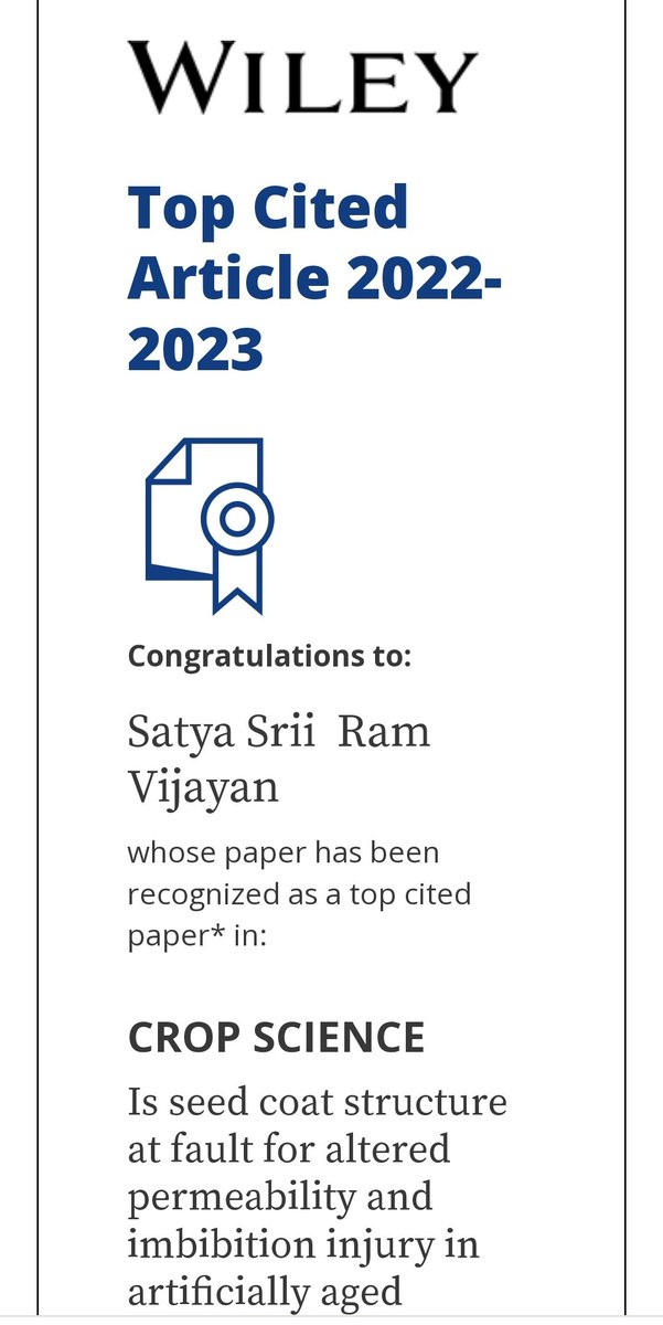 Hi #SeedPeople

Good news!

Our paper was recognised as top cited article in Crop Science Journal for 2022-2023.
🎉