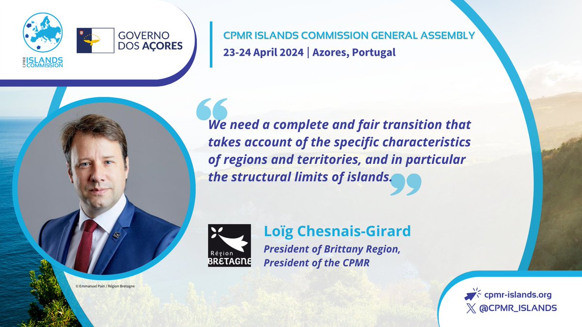 CPMR_ISLANDS's tweet photo. #CPMRIslands2024 | Opening session

“We need a complete and fair transition that takes account of the specific characteristics of regions and territories, and in particular the structural limits of islands” stresses CPMR President @LoigCG  
 
#IslandsMatter #Cohesion https://t.co/NhWPWrj0Lj