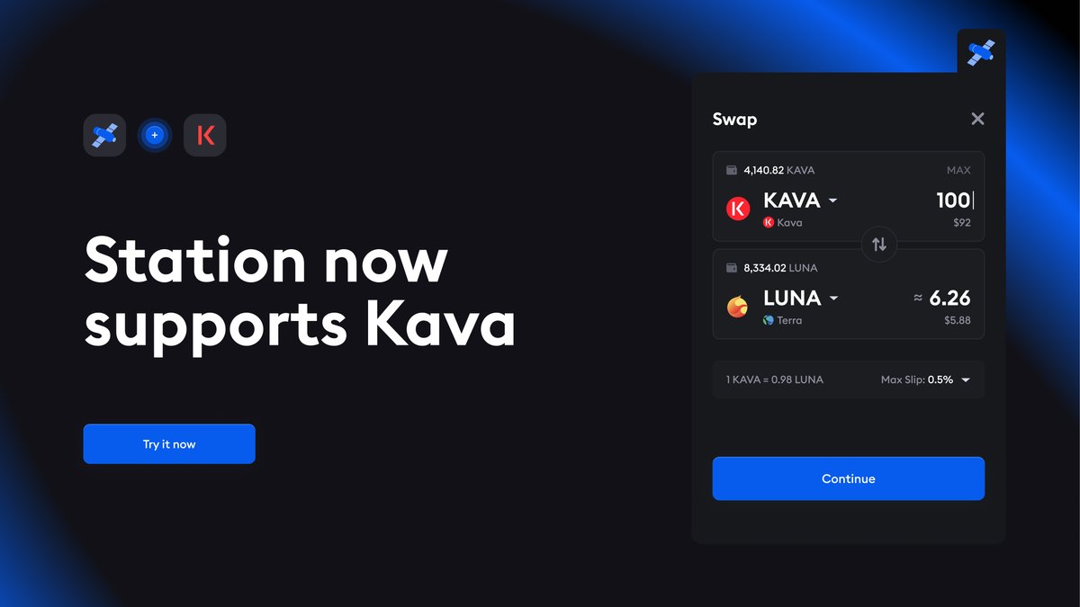 Station has added support for <a href="/KAVA_CHAIN/">Kava</a> and Kava $USDT! 💵

You can now swap assets, manage your portfolio, track activity, stake your tokens, connect to apps, and take part in governance on Kava.

Download at station.money 🛰️
Dashboard at dashboard.station.money 📊