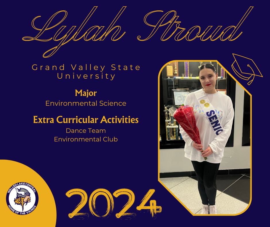 Congratulations to Walled Lake Central's Lylah Stroud, who's headed to Grand Valley State University to study environmental science in the fall! 🎓 #WEareWLCSD @WLCentralHS 

Nominate a member of the 2024 Class for a Senior Shout Out ➡ forms.gle/dRDfEgSJHKQfiu…