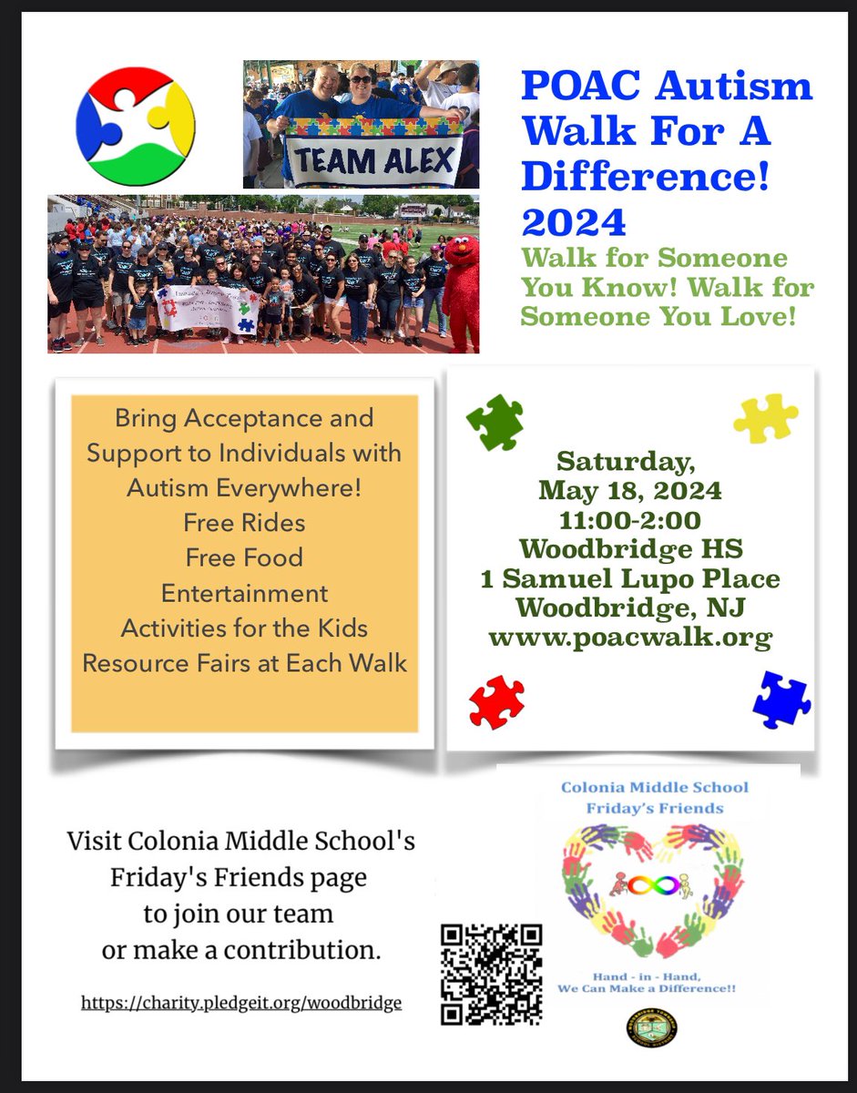 CMS Friday Friends (@cmsfrifriends) on Twitter photo Please join the CMS Friday’s Friends team or make a donation for the POAC Autism walk on Saturday, May 18 at Woodbridge High School! We would love to see there! <a href="/ColoniaMiddle/">Colonia Middle School</a> <a href="/J_Massimino/">Joseph Massimino, Ed.D.</a> Please join the CMS Friday’s Friends team or make a donation for the POAC Autism walk on Saturday, May 18 at Woodbridge High School! We would love to see there! <a href="/ColoniaMiddle/">Colonia Middle School</a> <a href="/J_Massimino/">Joseph Massimino, Ed.D.</a>
