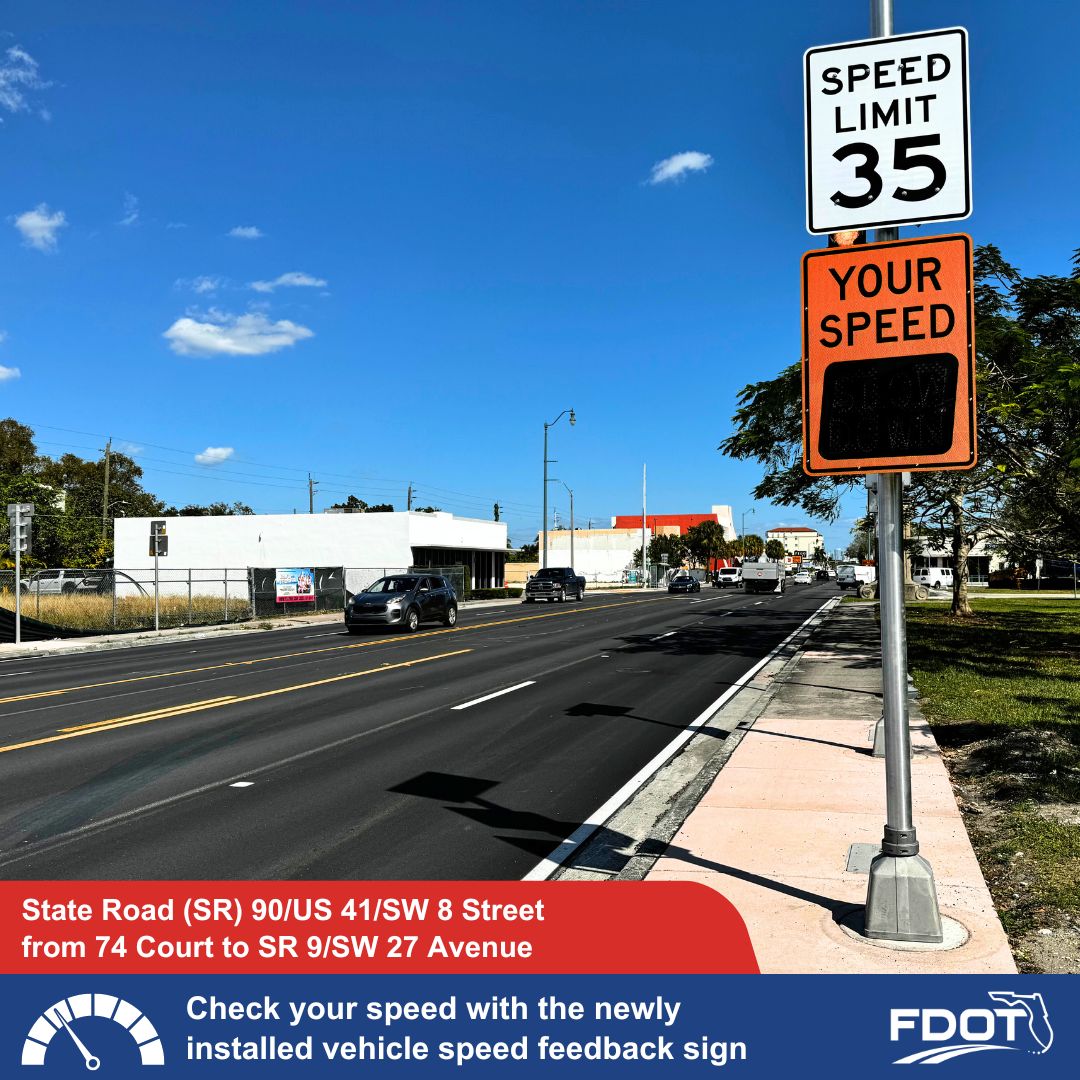 Stay safe on the roads! A vehicle speed feedback sign has been installed along SW 8 St. This technology will remind drivers to slow down and drive responsible to keep our community safe. 🚗💨 #FDOTintheCommunity @miamidadecounty @cityofmiami @westmiamiFL @CityCoralGables