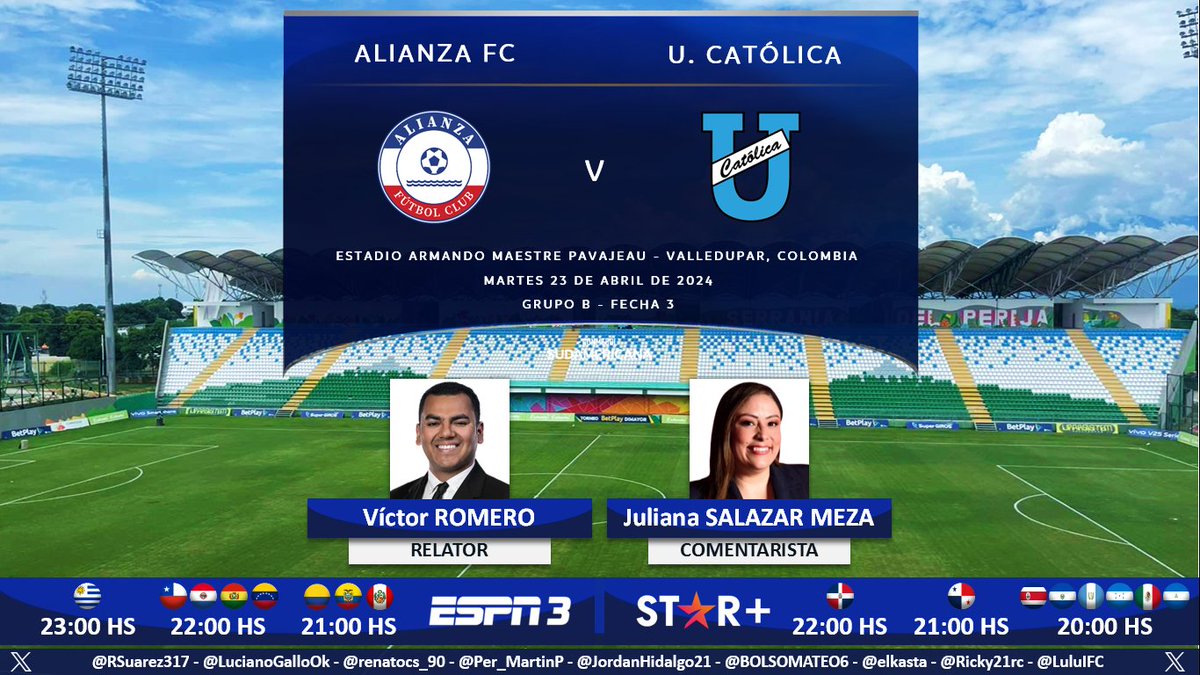 ⚽ #Sudamericana | 🇨🇴 #AlianzaFC vs. #UCatólica 🇪🇨
🎙 Relator: @SoyVictorRomero
🎙 Comentarista: @julisalazarmeza 
📺 #ESPN3 Sudamérica (❌🇦🇷)
💻📱@StarPlusLA Latinoamérica (❌🇦🇷)
🤳 #SudamericanaxESPN - #LaGranConquista
Dale RT 🔃