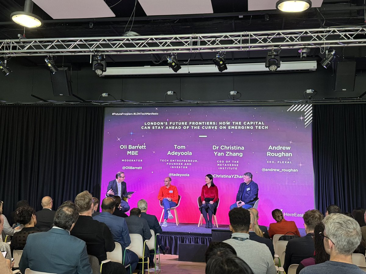 @GavinJPoole @TechLondonAdv @RussShaw1 @GlobalTechAdv @TLAWomeninTech @OliBarrett leads a panel at #FutureFrontiers with @tadeyoola @ChristinaYZhang & @Plexalcity’s @andrew_roughan on how London can remain a leading city for emerging #technology