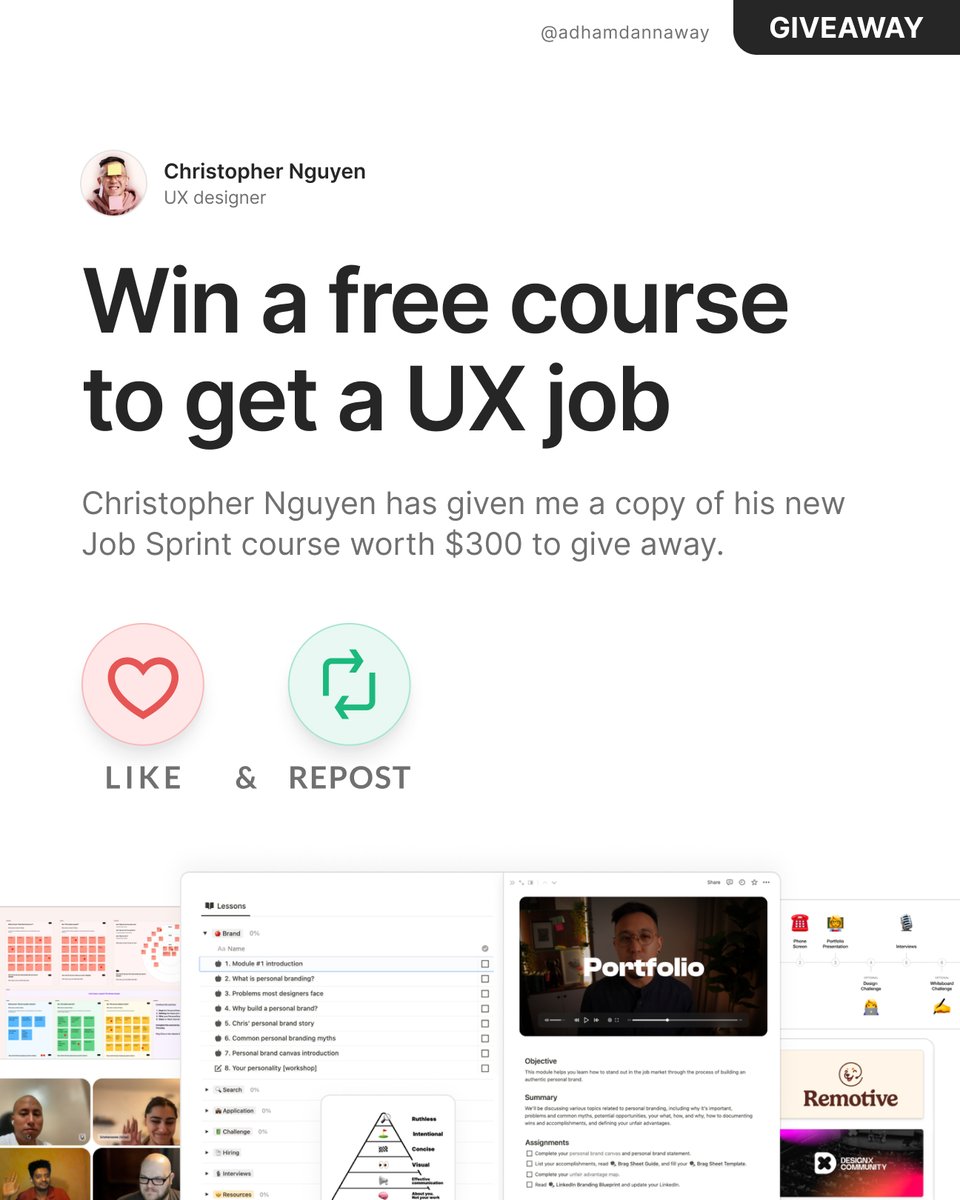 AdhamDannaway's tweet photo. Win a free course to get a UX job 🙌

@uxchrisnguyen has given me a copy of his new Job Sprint course worth $300 to give away.

You'll get:
• 165 micro video lessons
• 20 guides &amp; templates
• 16 hours of training
• 14 workshops

❤️ Like and 🔄 repost for a chance to win 🤞 https://t.co/XdMvjYQkfO