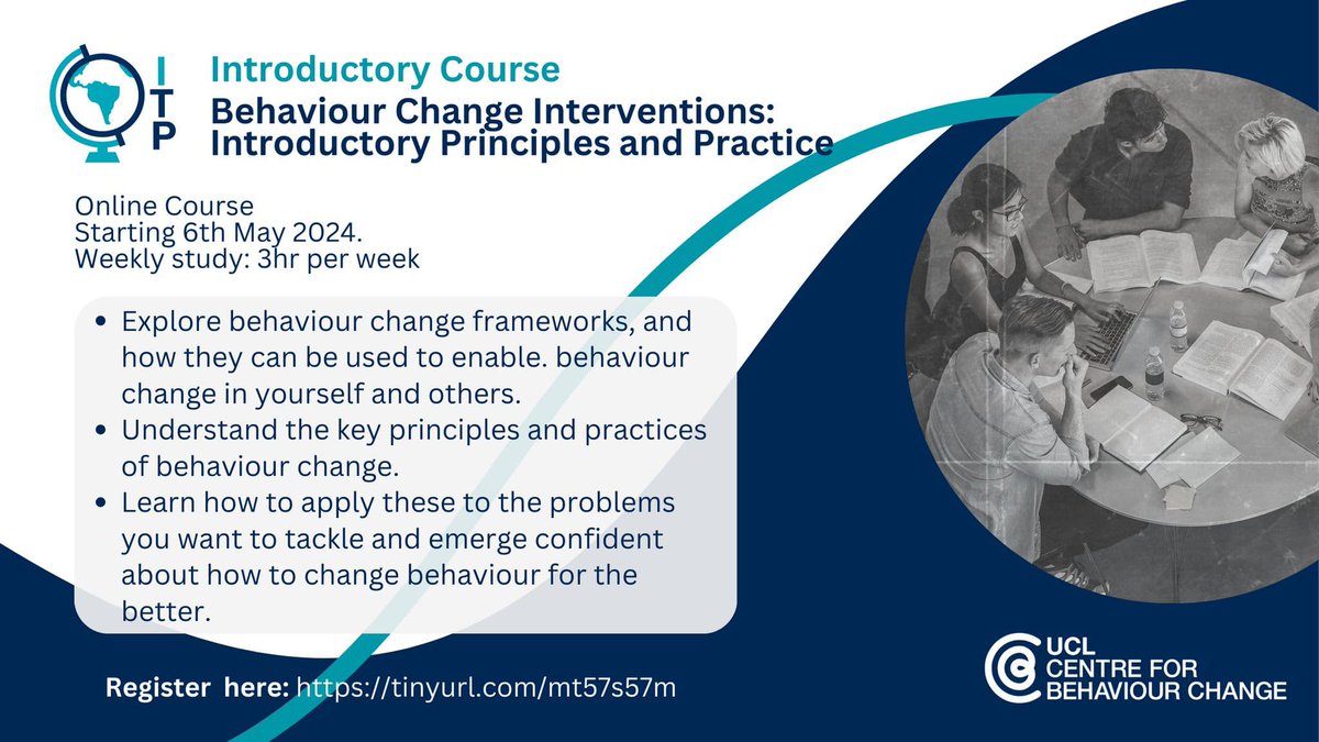 Ready to make a difference? Join our Behaviour Change Online Short Course starting 6th May 2024. Learn how to identify behaviour change targets and develop effective strategies. Enrol today: tinyurl.com/mt57s57m