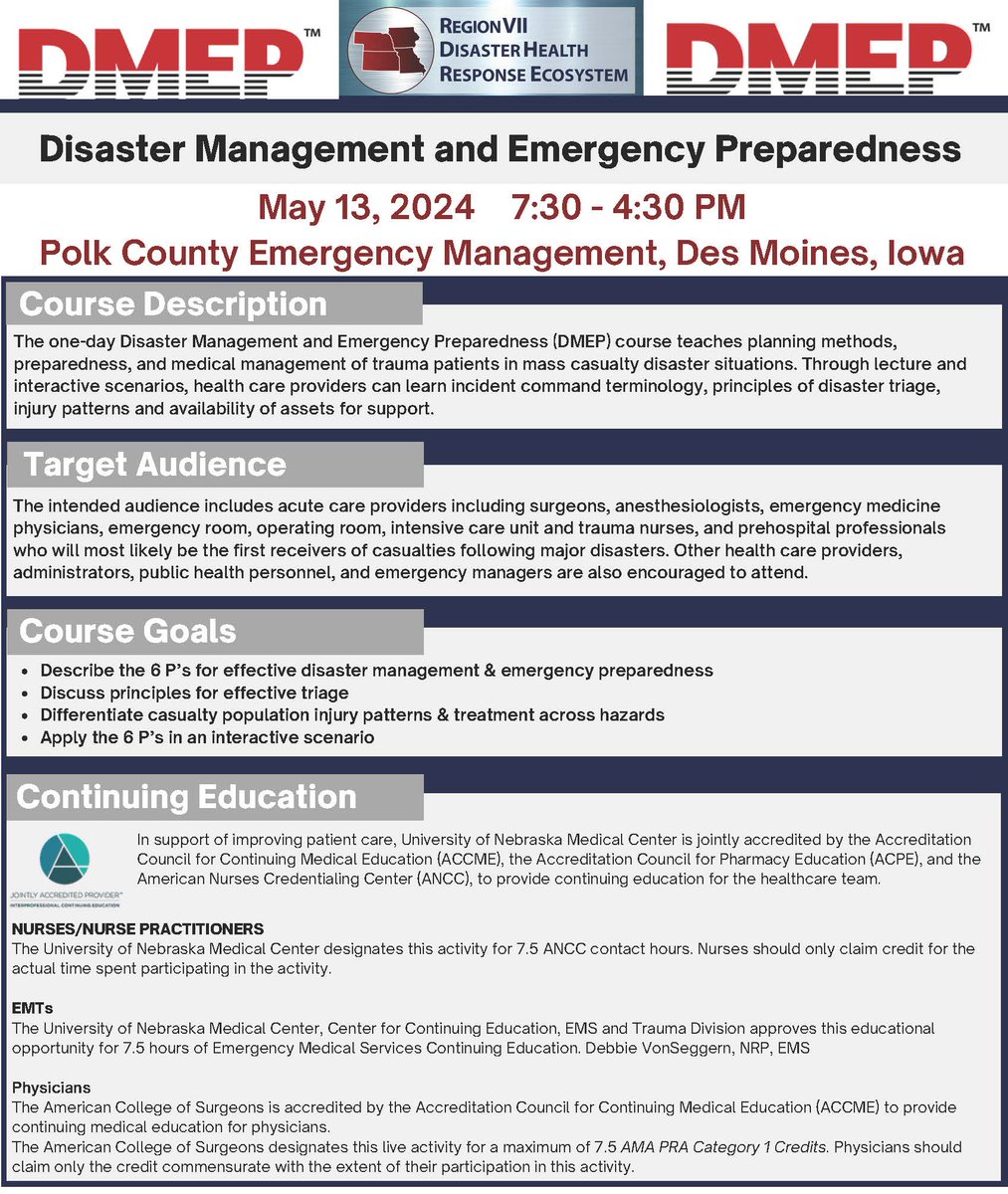 Check out our upcoming Disaster Management and Emergency Preparedness (#DMEP) course which will be held in Des Moines, IA on May 13th, 2024. 

Learn More | Register: regionviidhre.com/events-calenda…

#emergencypreparedness #disastermanagement