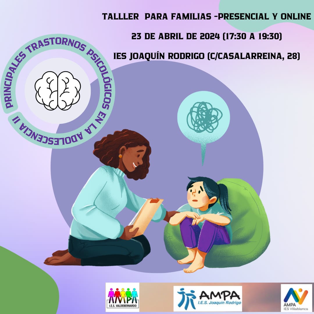 RECORDATORIO!!!! SÚMATE CON LAS AMPAS DE LOS IES PÚBLICOS POR LA SALUD MENTAL DE DE NUESTROS HIJXS
TALLER PRESENCIAL Y ONLINE. SI QUIERES SEGUIRLO ONLINE ESCRIBENOS UN CORREO AL AMPA IES VILLABLANCA.
OS ESPERAMOS