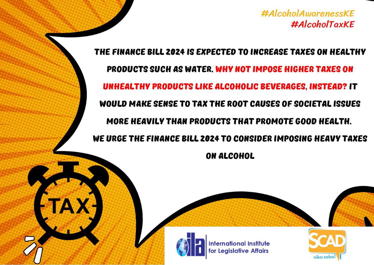 The finance bill 2024 is expected to increase taxes on healthy products such as water, milk & bread , why not impose higher taxes on unhealthy products like Alcoholic Beverages instead? ⚠️

#AlcPolPrio
#SCADCares
#AlcoholTaxKE 
#AlcoholAwareness 
#AlcoholAwarenessKE