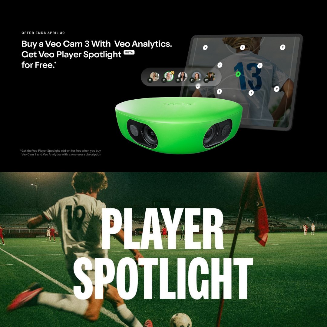 🗣Take advantage of the new Veo Player Spotlight feature free for one year. This offer is available until April 30th with the purchase of a Veo camera and yearly analytics subscription! 🎥 To take advantage of this offer, please visit veo.co/partnership/st…