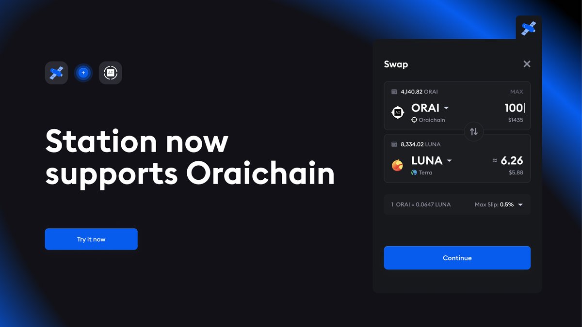 Station Wallet has added support for <a href="/oraichain/">Oraichain</a> ⚫️

You can now swap assets, manage your portfolio, track activity, stake your tokens, connect to apps, and take part in governance on Oraichain.

Download at station.money 🛰️
Dashboard at dashboard.station.money 📊