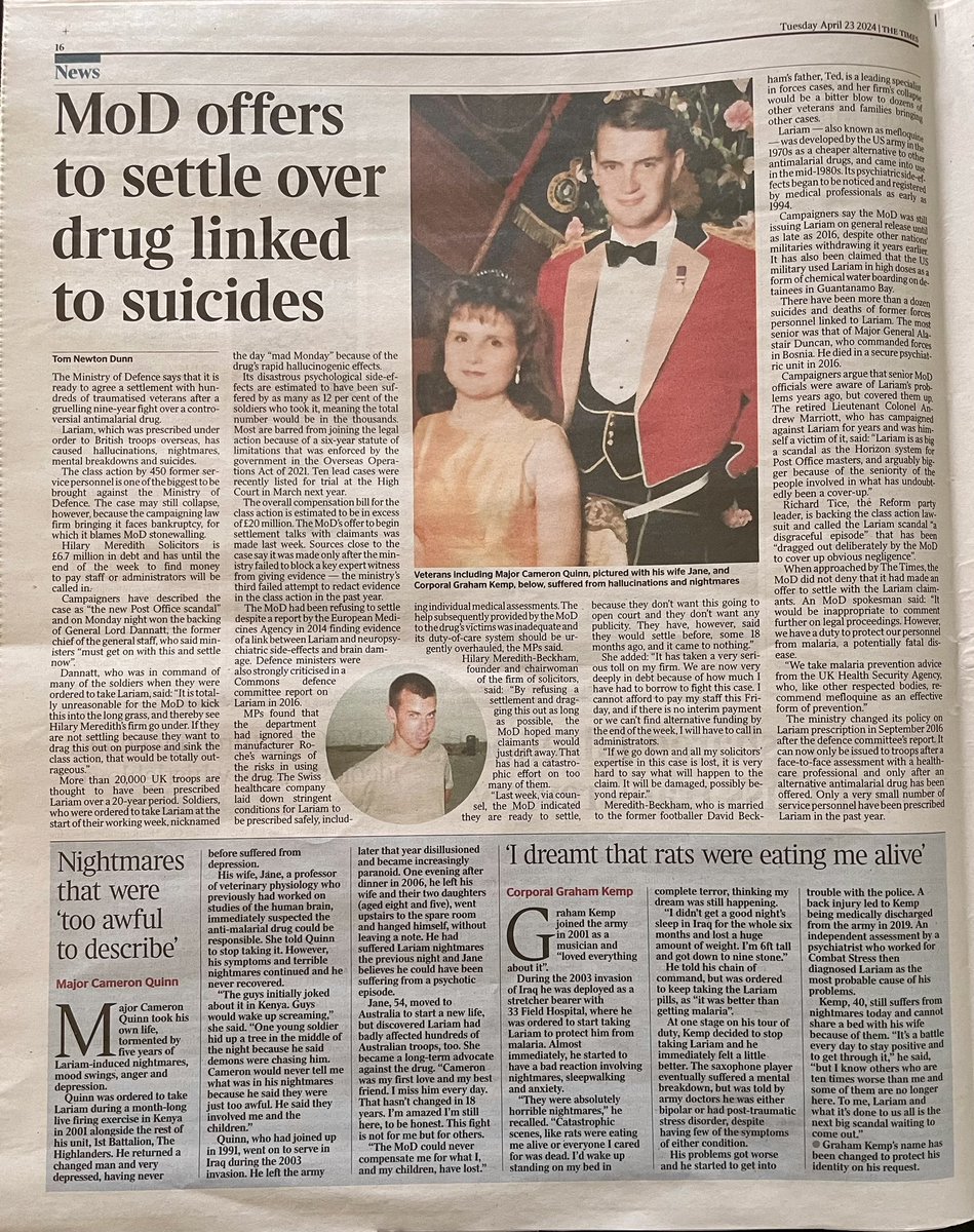 @CombatStress MORE to do for!👇🏻 #Mefloquine(#Lariam) 🧠🪖 MoD to settle case over antimalaria drug that causes #VeteranSuicides💔 thetimes.co.uk/article/912217…