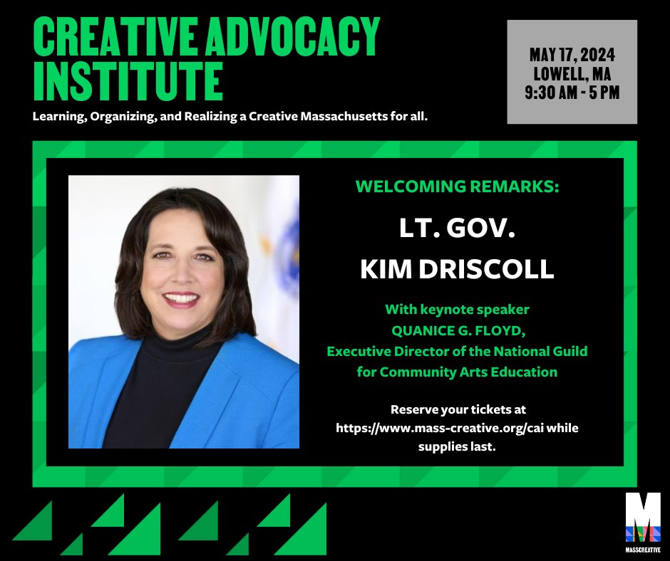 MASSCreative's tweet photo. ANNOUNCEMENT! We're excited to announce that another arts and culture champion, @MassLtGov, is providing the opening remarks. Reserve your tickets to the Institute while supplies last. #CAI2024 #CreateTheVote #CreativeMA https://t.co/xy4trbF9nV https://t.co/ksQxIqTGsY