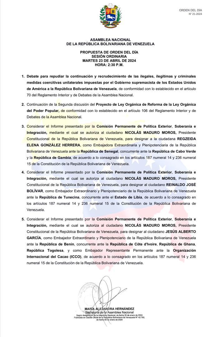 #OrdenDelDía | PROPUESTA DE ORDEN DEL DÍA #AsambleaNacional Propuesta de orden del día para la #SesiónOrdinaria De la @Asamblea_Ven

#SucreEnLaAsamblea 

Martes #23Abr | 2:30. P.M.

#VenezuelaEsDDHH 🇻🇪🚩 

@nicolasmaduro
@gpintovzla
@lossifontes
@jorgerpsuv
@dcabellor 
@pinfantea