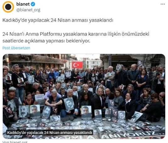 Im Istanbuler Stadtteil Kadıköy darf morgen keine Gedenkveranstaltung zum Jahrestag des Völkermordes an 1,5 Mio. Armeniern 1915 im Osmanischen Reich abgehalten werden. Ein Land & ein Volk, das seine Vergangenheit leugnet, darf sich nicht wundern, wenn...