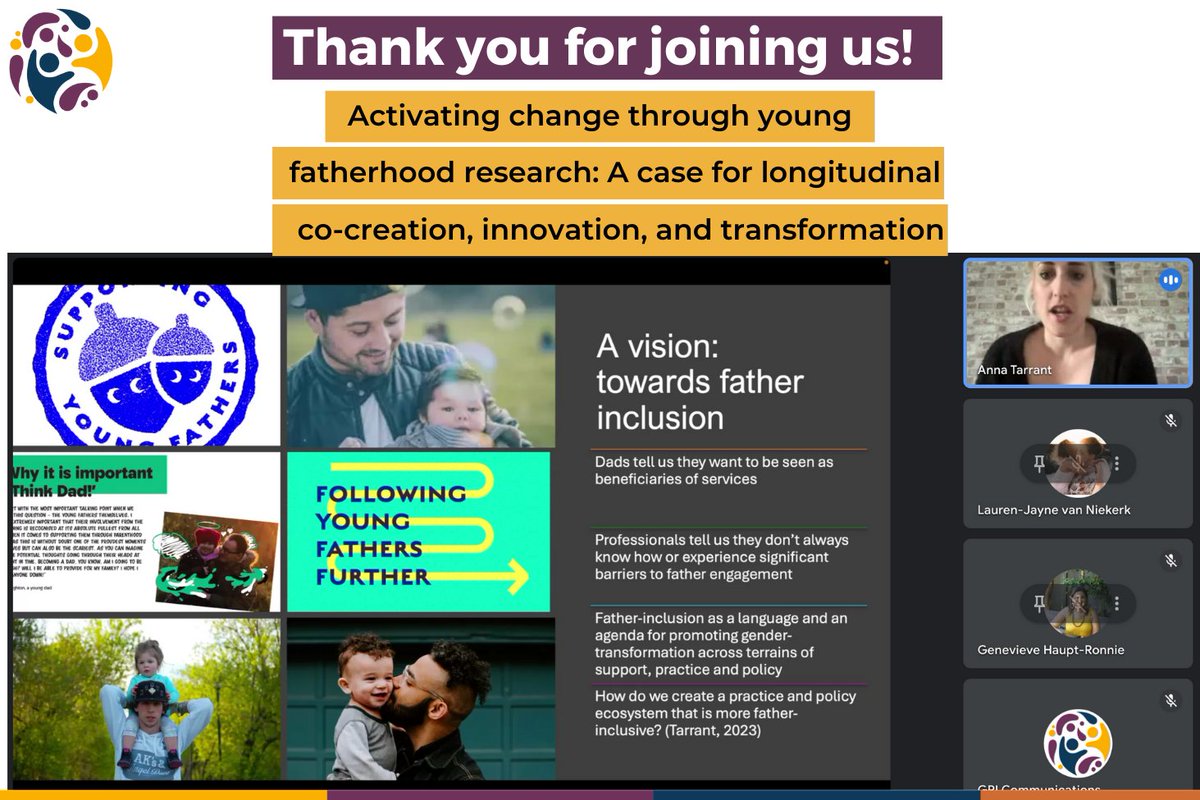 🌟 Thanks to all who joined our webinar on 'Activating change through young fatherhood research'! Special thanks to speakers Anna Tarrant & Lauren-Jayne van Niekerk for their insights. Missed it? Stay tuned for the recording. #YoungFatherhood #InnovationForChange #Parenting