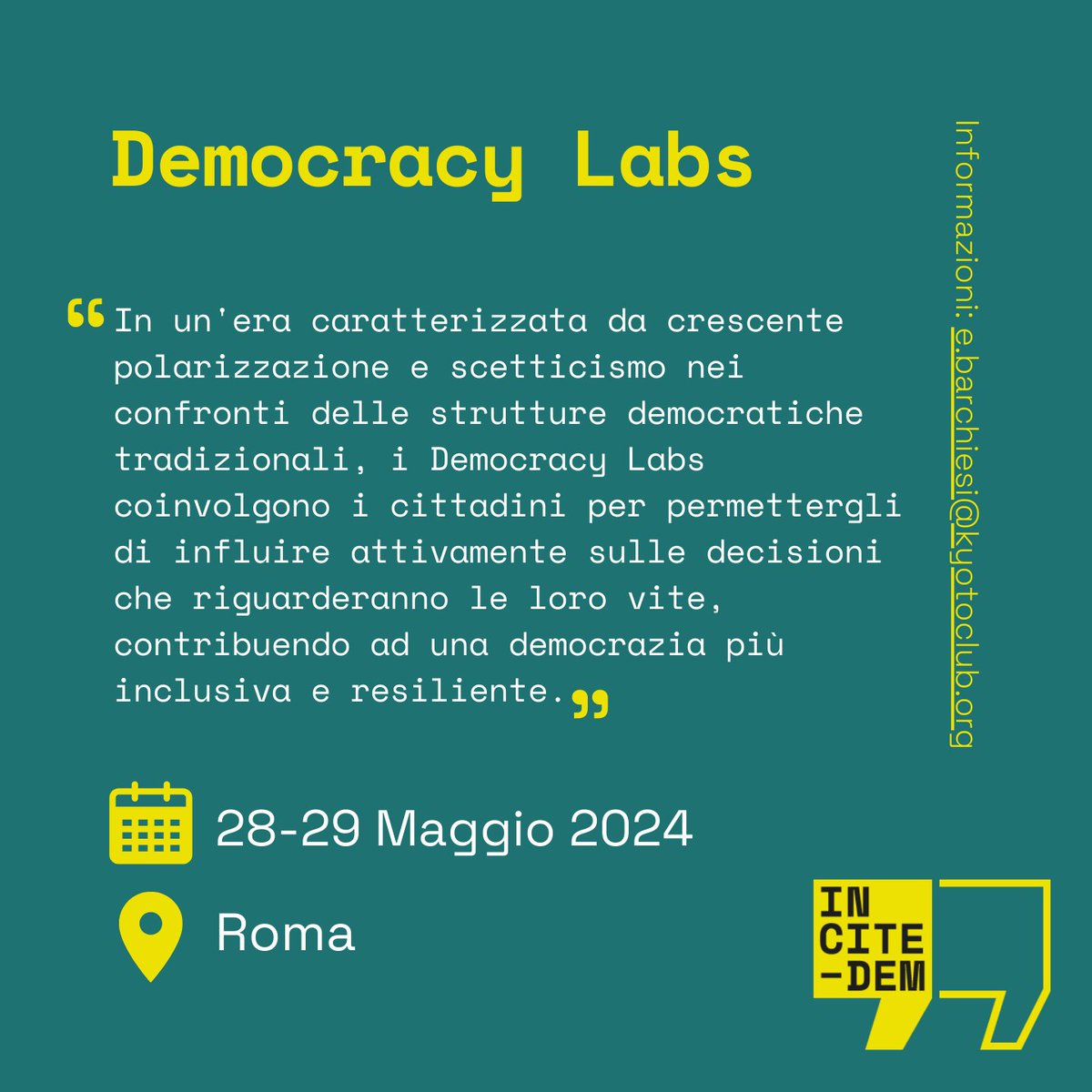 🟡 I Democracy Labs si svolgeranno in 6 paesi nel corso di 7 mesi. Il Lab in Italia è previsto per il 28 e 29 maggio a Roma. Qui le info👇 kyotoclub.org/it/appuntament… #HorizonEurope #DemocraticInnovation #CitizenParticipation