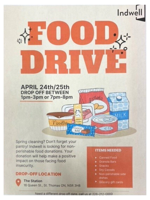 Our friends at Indwell will be collecting non-perishable food donations for those facing food insecurity. Donations can be dropped off at The Station (16 Queen Street, St. Thomas) on April 24th and 25th, between 1-3pm or 7-8pm.