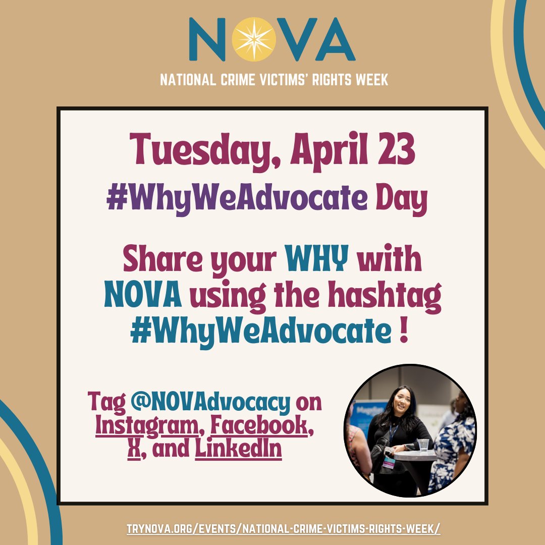 NOVADVOCACY's tweet photo. Be sure to tag @novadvocacy and use the hashtag #WhyWeAdvcocate so we can see you!

#NCVRW2024 https://t.co/q6hgkIXbFp
