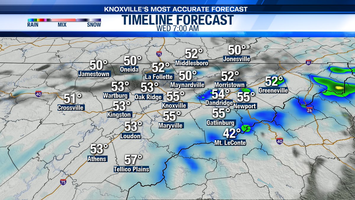 A few light rain showers/sprinkles will be possible tonight after midnight through early Wednesday morning. Rain chances decrease past sunrise tomorrow with some breaks of sun for the afternoon. #TNwx #WATEwx