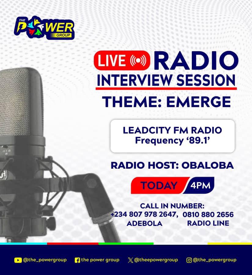Tune in today as we take to the airwaves to share all about our upcoming global retreat: EMERGE 2024! 
.
Leadcity FM Radio 89.1 by 4pm today 🎊
To be a part of the show, you can call; 08108802656
.
.
@the_powergroup @toluoluwo @leadcityfm 
#thepowergroup #globalretreat #emerge