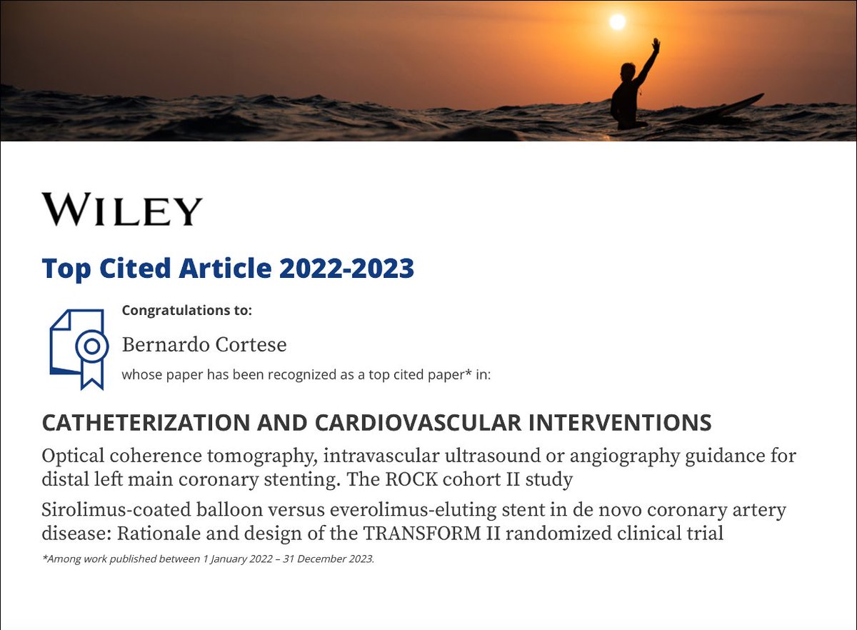 Honored to be Top cited @ccijournal for y. 2022-2023, with two papers! Design of #TRANSFORMII RCT on DCB, and #ROCK2 study on OCT for left main angioplasty! @DCBACADEMY @Fondazione Ricerca e Innovazione Cardiovascolare ￼PRINT ￼ ￼ Top Cited Article 2022-2023 ￼