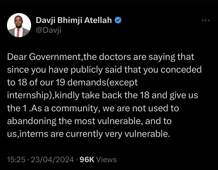 BREAKING NEWS: KMPDU Secretary General @Davji Atellah has told the Gov't that they can take back their 18 shillings and give doctors just one, if that will make them sleep well tonight. Bwana someone tell the driver anishukishe kwa ile pole ya stima. Hio ndio stage yangu.