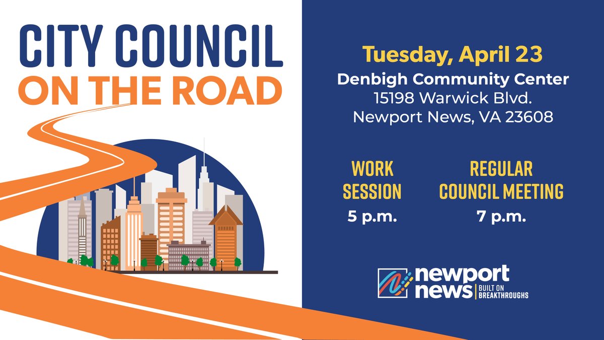 Tonight's City Council meeting and work session takes place at Denbigh Community Center (15198 Warwick Blvd.) Come join us in-person or tune in online! Visit nnva.gov for more details. #newportnews #builtonbreakthroughs