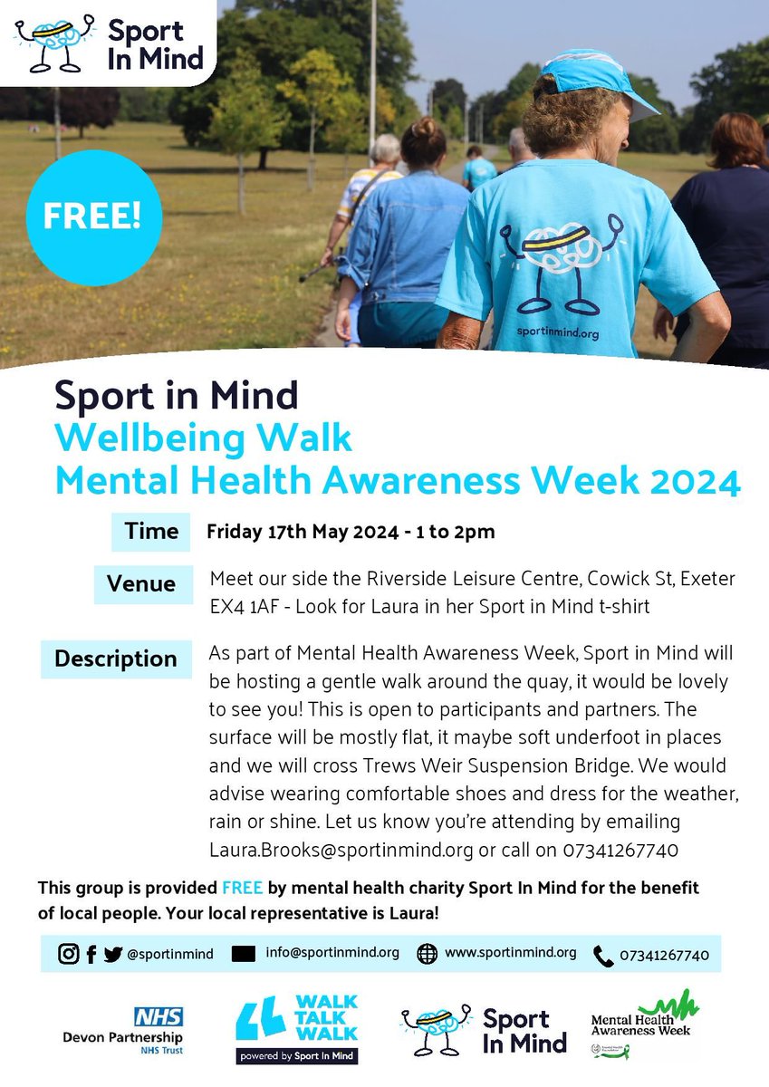 Sport in Mind have a Wellbeing Walk coming up on Friday 17 May for Mental Health Awareness week.