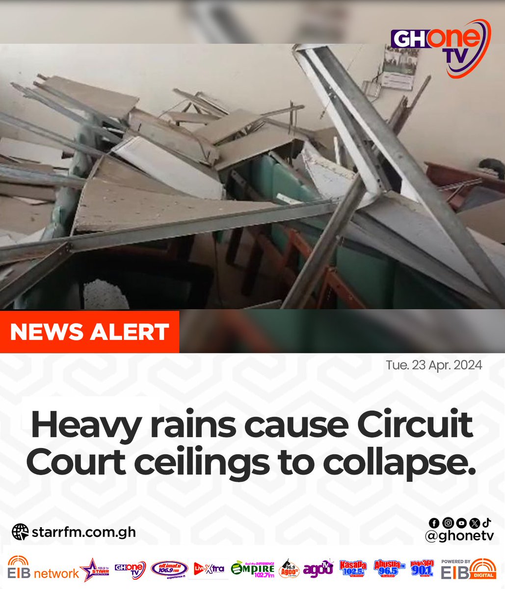 One of the Circuit Courts in Accra was left in tatters after its ceiling fell apart during today's downpour. #NewsAlert #GHOneNews #GHOneTV