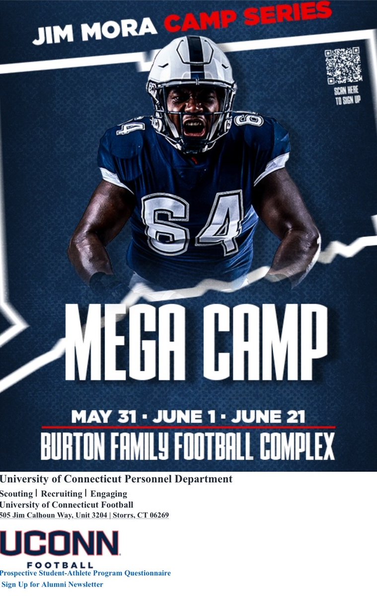 Thank you @CoachJimMoraFB @Antonio_Wilc @CoachSammis @CoachDShearer for extending the invitation. I'm thrilled about the opportunity and eagerly anticipate meeting you in Storrs.