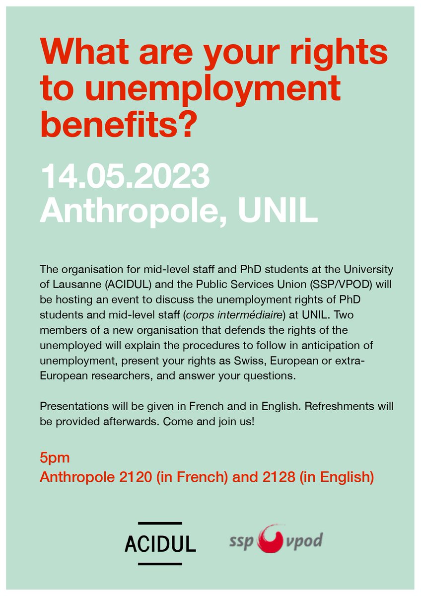 Wondering about your unemployment rights as a PhD student or researcher at <a href="/unil/">Université de Lausanne</a>? Two activists from an organization defending the rights of the unemployed will present the Swiss unemployment system and provide advice. Join us on 14th May 2024 at 5pm at the Anthropole 😎