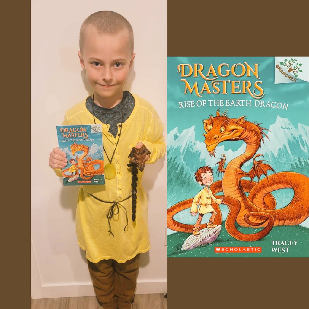 For World Book Day today, Auryn dressed as his favorite book character, Drake, from the Dragon Masters series! He even brought his 3D printed dragon, Thorn, to go as Worm, Drake's dragon in the series!