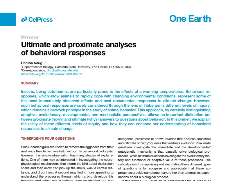 The new primer by Naug describes the Hows and Whys of behavior from the perspective of a behavioral ecologist. Read more here: cell.com/one-earth/full…