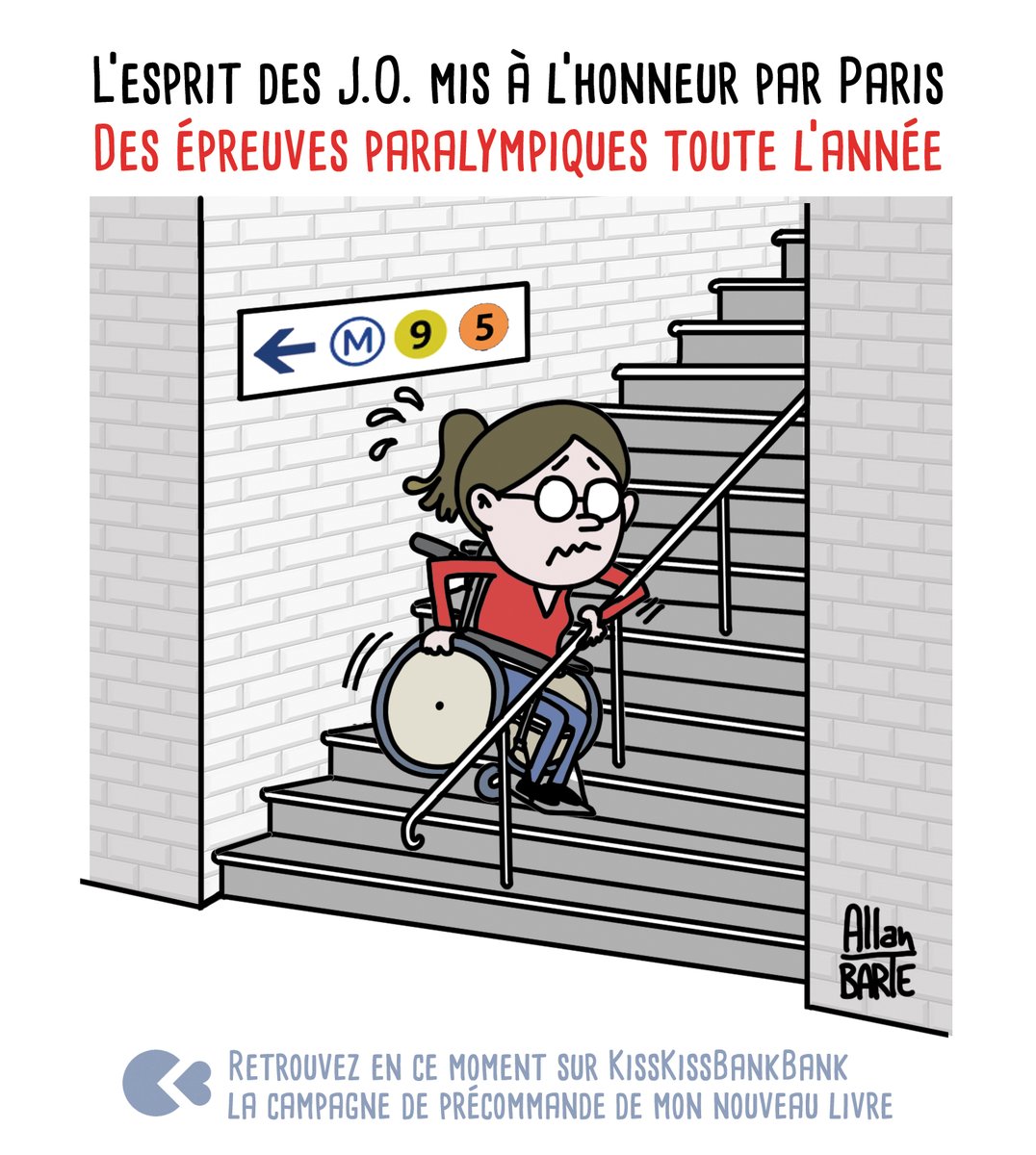 #Paris2024 : pour les personnes à mobilité réduite, l'inquiétude face aux transports à Paris via @LeHuffPost 

Le recueil de mes dessins d'actu est dispo ici :
▶️ kisskissbankbank.com/fr/projects/vi…