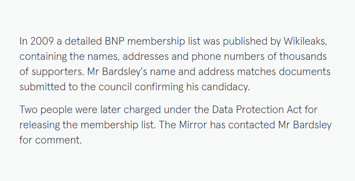 Tory candidate dropped after his name appears on leaked 2009 BNP members list mirror.co.uk/news/politics/… by @DaveBurke12 Two people were charged under DPA for releasing the list … and one was fined: £200 +£100 costs. The list remains online wikileaks.org/wiki/British_N… #dataprotection