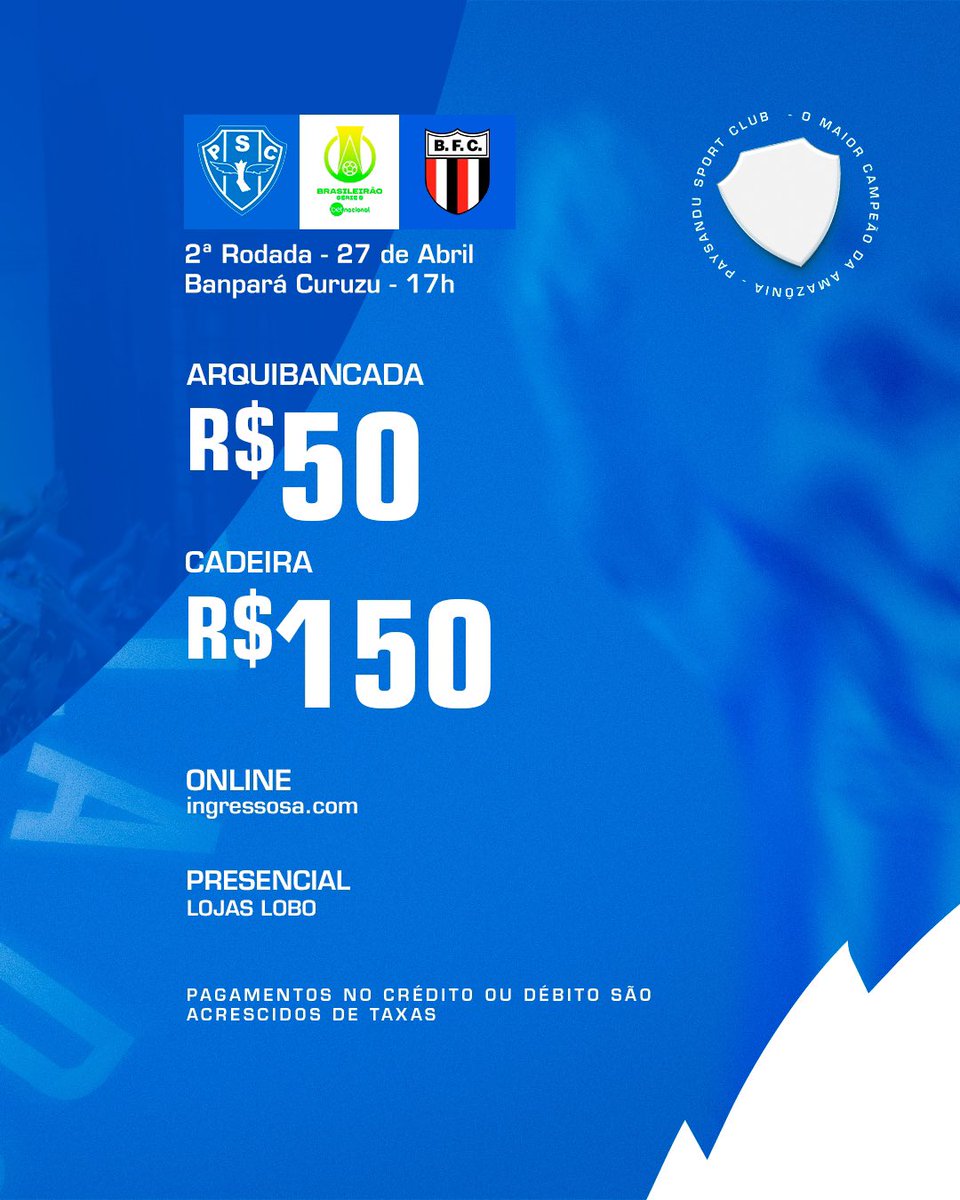 É PRA LOTAR A NOSSA CASA! ⚪️🔵 Adquira o seu ingresso para #PAYxBFC, válido pela segunda rodada da Série B 2024, no Banpará Curuzu, neste sábado (27), às 17h! 🎟️ R$50 Arquibancada 🎟️ R$150 Cadeira 📍 Lojas Lobo 📲 ingressosa.com #OMaiorCampeãodaAmazônia #ÉoLoBo