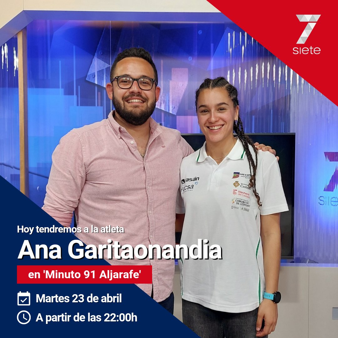 7TVAljarafe (@7tvaljarafe) on Twitter photo 🔴⚫️ 𝗠𝗜𝗡𝗨𝗧𝗢 𝟵𝟭 𝗔𝗟𝗝𝗔𝗥𝗔𝗙𝗘 ⚫️🔴
🏃♀️ <a href="/_anagari01/">Ana Garitaonandia Ríos</a> se ha proclamado campeona universitaria de España hace unos días. La atleta de <a href="/aytocoriario/">Ayto. Coria del Río</a> sigue creciendo a pasos agigantados pese a su juventud.
📅 Cada martes
⏰ 22:00
🙋🏻♂️ <a href="/PABL0SA/">Pablo(sa) Sánchez</a>
#Minuto91Aljarafe 🔴⚫️ 𝗠𝗜𝗡𝗨𝗧𝗢 𝟵𝟭 𝗔𝗟𝗝𝗔𝗥𝗔𝗙𝗘 ⚫️🔴
🏃♀️ <a href="/_anagari01/">Ana Garitaonandia Ríos</a> se ha proclamado campeona universitaria de España hace unos días. La atleta de <a href="/aytocoriario/">Ayto. Coria del Río</a> sigue creciendo a pasos agigantados pese a su juventud.
📅 Cada martes
⏰ 22:00
🙋🏻♂️ <a href="/PABL0SA/">Pablo(sa) Sánchez</a>
#Minuto91Aljarafe