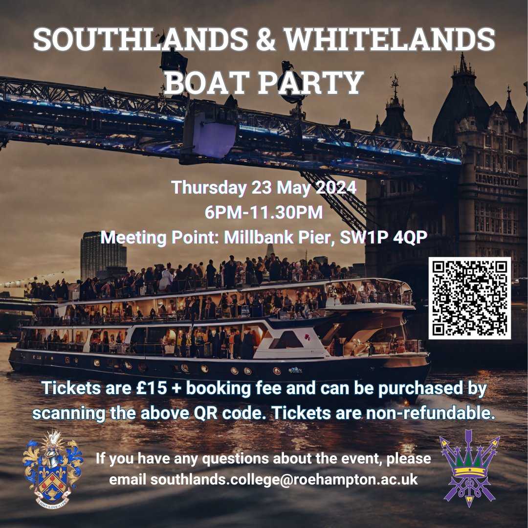Southlands and Whitelands College have come together once again to celebrate the end of the year! Join us for our annual Boat Party on Thursday 23rd May to celebrate in style while cruising along the Thames. Get your tickets now using this link: roehampton.native.fm/event/southlan…