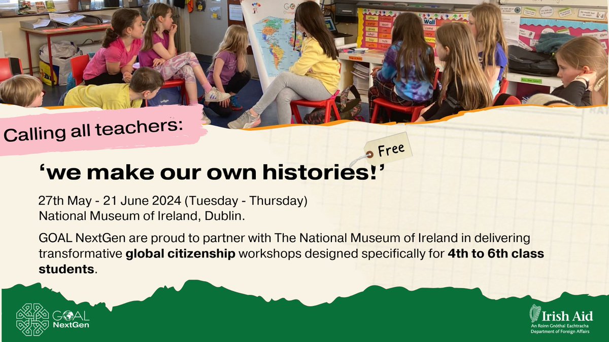 📢Calling all primary teachers!!

Join #NextGen @NMIreland for an empowering FREE #GlobalCitizenship workshop this term. 🌍💚

Find everything you need to know here: museum.ie/en-IE/Museums/…

@GOAL_Global @Irish_Aid #NextGen #MuseumWorkshops #MuseumTwitter  #PrimaryTeacher