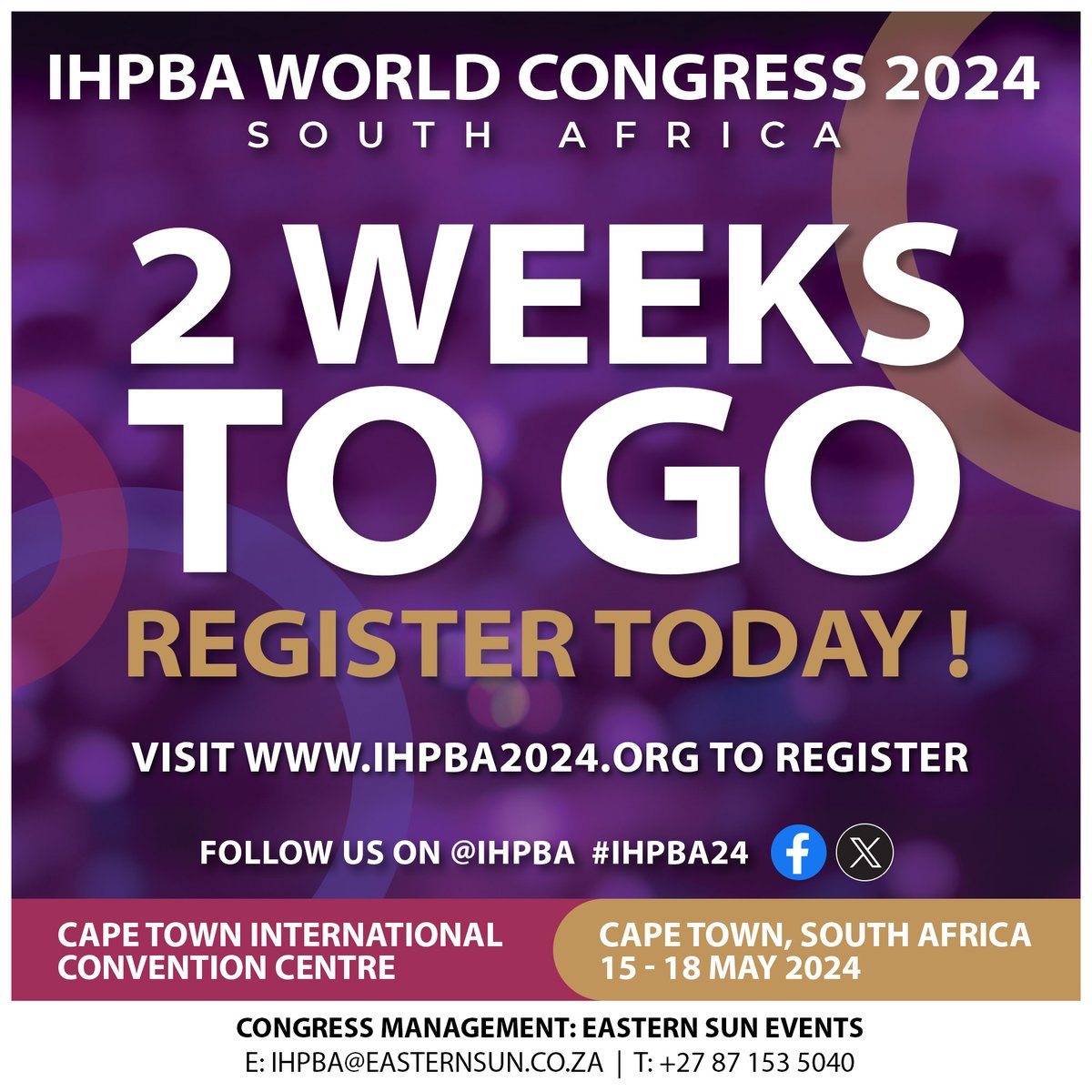 Only 2 weeks left to go until the IHPBA 2024 World Congress in Cape Town, South Africa. There is still time to register on ihpba2024.org. If you can’t make it in person, register for our virtual congress and enjoy simultaneous translation in over 50 languages.