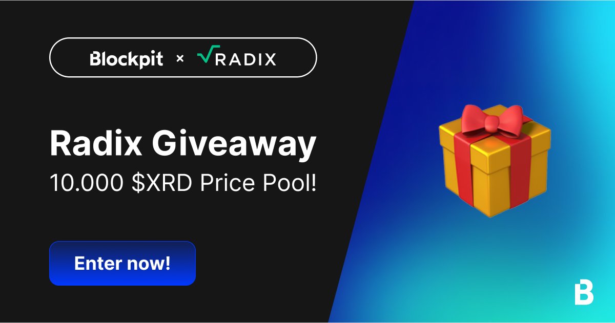 🎁 We are giving away 10 x 1000 $XRD! 🎁 Everyone who adds a @radixdlt integration to their Blockpit account until end of May will enter the raffle. ⚡️ Add your wallet now: ➡️ link.blockpit.io/radix #Radix #Giveaway