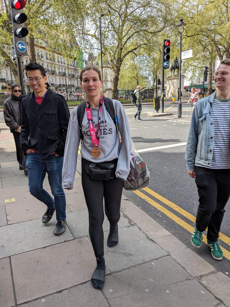 went_thataway's tweet photo. Very gentle stroll back post #londonmarathon with my @HoulstonLab_ICR lab mates. What an amazing day! #London came out in force, supporting all the runners 🩷Today was a personal goal for me, but loved seeing lots of #RoyalMarsden and #ICR fundraisers out there! https://t.co/KELP47omRK